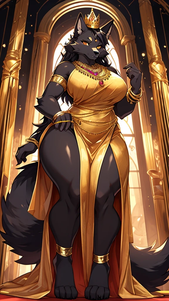 Tall female Anthropomorphic Dog, Whole body coated in sleek inky Black fur, light gray fur on her Muzzle Big fluffy tail With a dark purple gradiant towards the tip, Bright Golden eyes with coin shaped Pupils, Serious,  DD-Cup Breasts, Wide hips, Very thicc thighs, Big and plump soft ass, Top and Bottom Heavy, Lean build, near perfect Hourglass body, Wearing a long Golden Dress  made of golden silk, the finest jewels embedded on the dress A Gold crown with all types of gems embedded in it and gold bracelets around her arms and rings of pure gold on each finger.