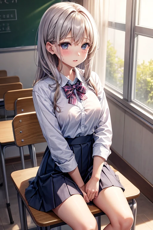girl、White Shirt、skirt、skirtの裾を握る、skirtの裾を持ち上げる、skirtの中を扇ぐ、Fan Between Your Legs、skirtの中に風を送る、fan、classroom、uniform、From before、Spread your legs、sit、hot、Flowing sweat、Wet Shirt