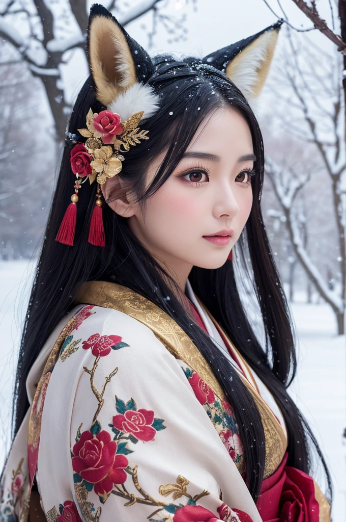 A beautiful woman with long black hair wearing an ornate fox mask stands in a snowy landscape. She is dressed in an elegant kimono adorned with detailed floral patterns, featuring pink and red roses. The kimono has rich colors, including blue and gold accents. Her hair is styled with intricate hairpins and floral ornaments, adding a touch of traditional Japanese elegance. The background shows snow-covered branches and a serene winter scene, creating a mystical and enchanting atmosphere. The overall scene exudes a sense of grace and beauty, with a hint of mystery