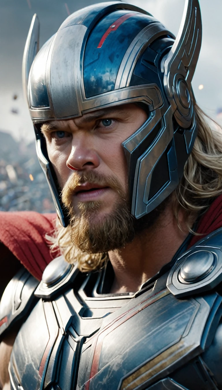 Marvel - Thor, close-ups, robot and machine background, great battle to save the world, masterpiece, 8K, realitic