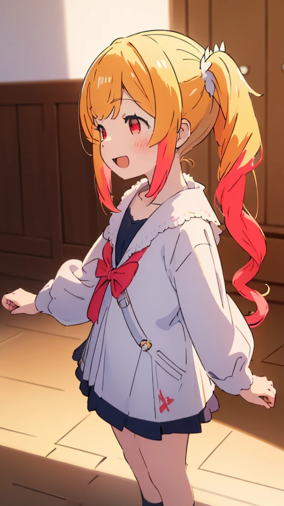 ((masterpiece))((Highest quality))girl、Laughing with your mouth open、blush、Flat Chest、Are thin、Blonde Hair、blush、Are standing、Whole body image、No background、Hair is two colors、Twin tails、Red Eyes、Two-tone red and yellow hair、Angle from the side、profile
