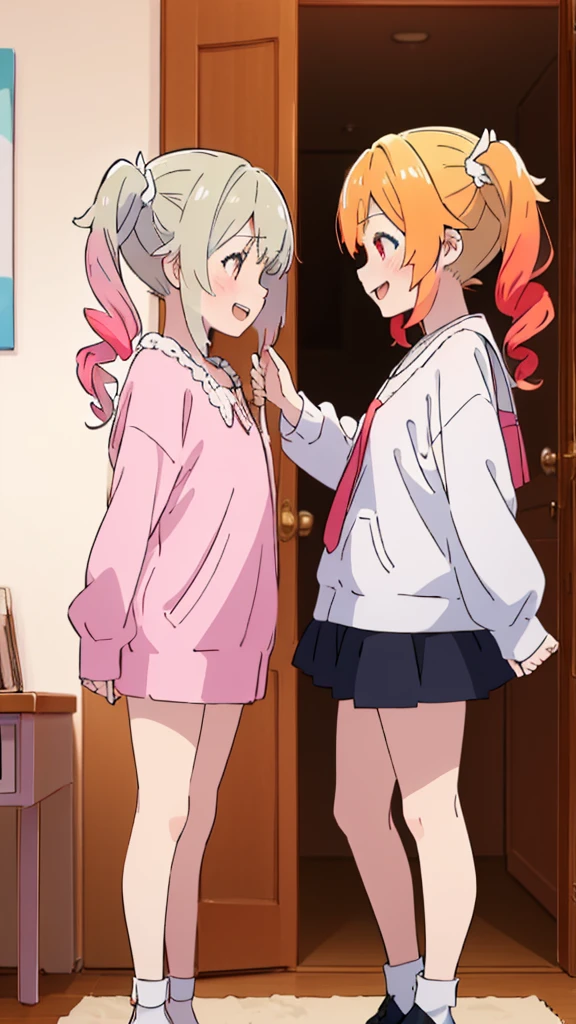 ((masterpiece))((Highest quality))girl、Laughing with your mouth open、blush、Flat Chest、Are thin、Blonde Hair、blush、Are standing、Whole body image、No background、Hair is two colors、Twin tails、Red Eyes、Two-tone red and yellow hair、Angle from the side、profile