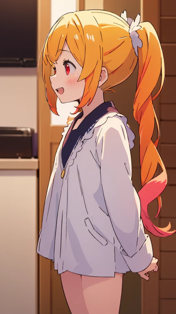 ((masterpiece))((Highest quality))girl、Laughing with your mouth open、blush、Flat Chest、Are thin、Blonde Hair、blush、Are standing、Whole body image、No background、Hair is two colors、Twin tails、Red Eyes、Two-tone red and yellow hair、Angle from the side、profile