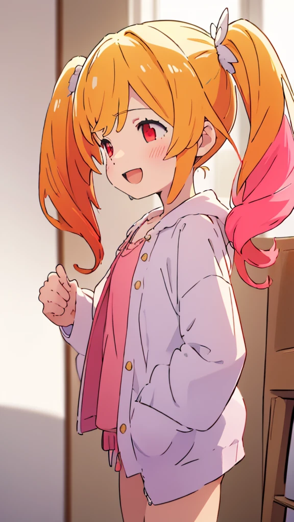 ((masterpiece))((Highest quality))girl、Laughing with your mouth open、blush、Flat Chest、Are thin、Blonde Hair、blush、Are standing、Whole body image、No background、Hair is two colors、Twin tails、Red Eyes、Two-tone red and yellow hair、Angle from the side、profile