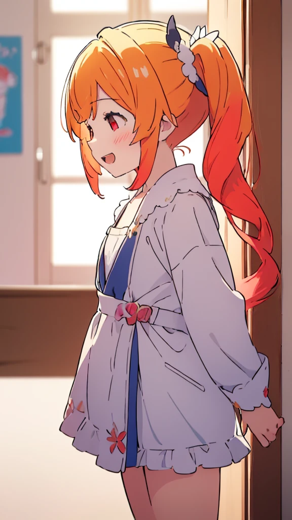((masterpiece))((Highest quality))girl、Laughing with your mouth open、blush、Flat Chest、Are thin、Blonde Hair、blush、Are standing、Whole body image、No background、Hair is two colors、Twin tails、Red Eyes、Two-tone red and yellow hair、Angle from the side、profile