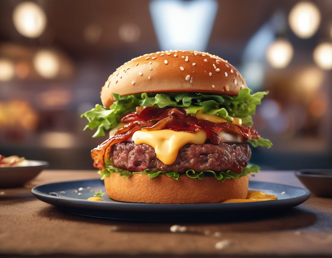 ((Gourmet Burger)), ((Ultra-Realistic Rendering)), ((Juicy pate)), ((Carefully crafted toppings)), ((Sesame bread)), ((Melting cheese)), ((Chris Pletas)), ((Sizzling bacon)), ((Add the sauce)), ((Angled close-up image)), ((Culinary masterpieces)), ((Vibrant colors)), ((Appetizing presentation)), ((Artistic plating)), ((Soft natural light)), ((Bokeh Background)), ((Flavorful atmosphere)), ((Gastronomic Delights)), ((Focus distance 85mm)), ((Sony A7R IV)), ((wide aperture)), ((Definition of 8k)), ((Inspired by food art)), ((Emotionally engaging)), ((Culinary Innovation))　A hamburger set with a cola and fries from a fast food restaurant