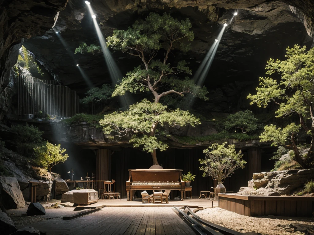 cafe restaurant, a music stage in a cave, big stage, tone white, spotlights, natural lighting, musical equipment, guitars, pianos, drum sets, trumpets, realistic, surreal,
Wide space, trees around, glass windown big, Realistic,Photorealism