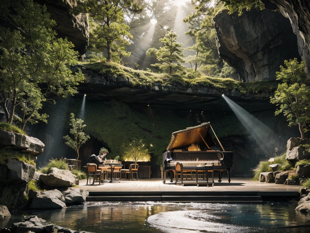 
cafe restaurant, a music stage in a cave, big stage, tone white, spotlights, natural lighting, musical equipment, guitars, pianos, drum sets, trumpets, realistic, surreal,
Wide space, trees around, glass windown big, Realistic,Photorealism