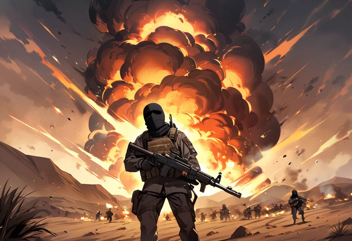 Terrorists, black balaclava, black clothes, war, desert, night, blood, sandstorm, chaos, nuclear explosion