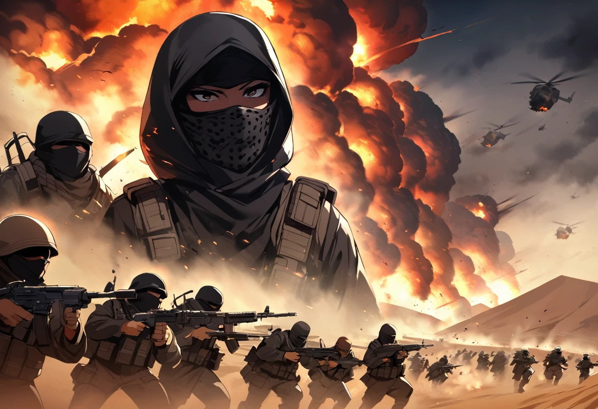 Terrorists, black balaclava, black clothes, war, desert, night, blood, sandstorm, chaos, nuclear explosion