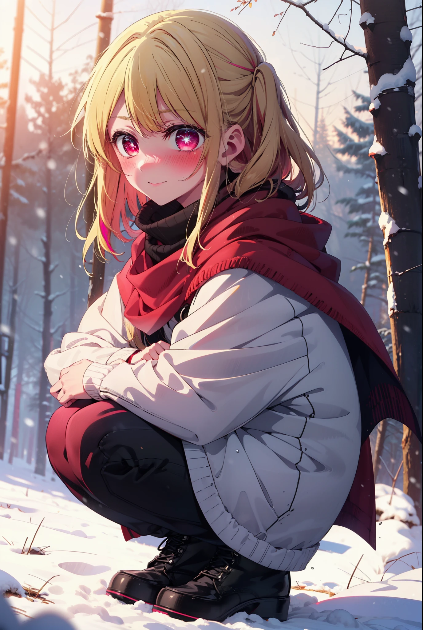 rubyhoshino, Hoshino Ruby, Long Hair, bangs, blonde, (Pink Eyes:1.3), Side Lock, (Symbol-shaped pupil:1.5), Multicolored Hair, Two-tone hair, smile,,smile,blush,white breath,
Open your mouth,snow,Ground bonfire, Outdoor, boots, snowing, From the side, wood, suitcase, Cape, Blurred, , forest, White handbag, nature, Squat, Mouth closed, Cape, winter, Written boundary depth, Black shoes, red Cape break looking at viewer, Upper Body, whole body, break Outdoor, forest, nature, break (masterpiece:1.2), Highest quality, High resolution, unity 8k wallpaper, (shape:0.8), (Beautiful and beautiful eyes:1.6), Highly detailed face, Perfect lighting, Extremely detailed CG, (Perfect hands, Perfect Anatomy),