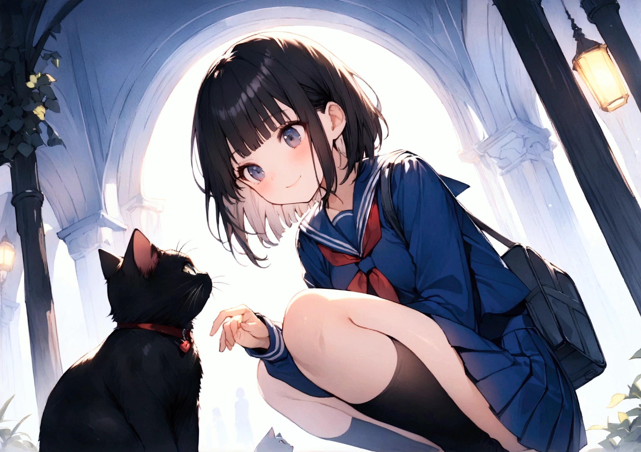 One Woman、1 kitten、garden、rain、beautiful girl、Sailor suit、A gentle smile、Looking at the kitten、Pleated skirt、Hold a school bag with both hands、Age: 18、Bob Cut Hair, Highest quality, body type、Small 、Small ass、Black Hair、Black knee-high socks、Cowboy Shot、Ultra-fine images、Squatting down to fix shoelaces、Angle from directly below、Petting a cat、pat、Pick up a kitten