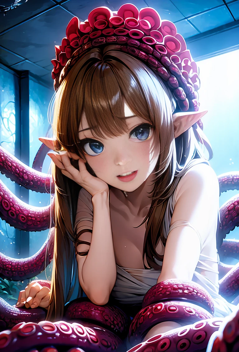 ((masterpiece)), ((best quality)), (ultra-detailed),(in the abandoned house),(monster),(((many tentacles wrap arotnd the body))),a cute girl, 1girl, solo, (white girly dress),((many tentacles bound arms)), ((thin waist)),large breast, slim, slender,beautiful brown hair, beautiful blue eyes, (beautiful eyes), long hair,troubled expressio, lewd and horny facial expression