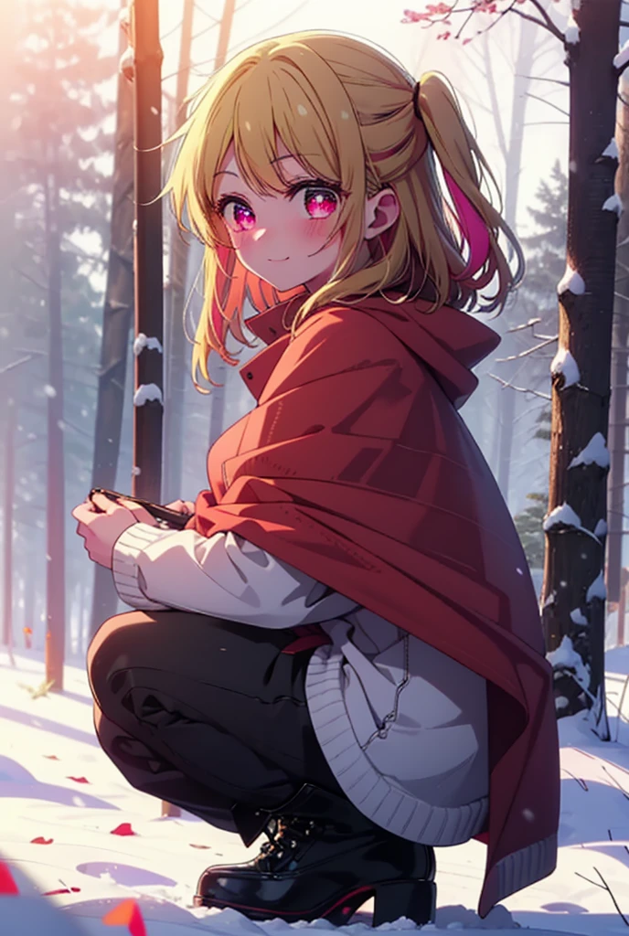 rubyhoshino, Hoshino Ruby, Long Hair, bangs, blonde, (Pink Eyes:1.3), Side Lock, (Symbol-shaped pupil:1.5), Multicolored Hair, Two-tone hair, smile,,smile,blush,white breath,
Open your mouth,snow,Ground bonfire, Outdoor, boots, snowing, From the side, wood, suitcase, Cape, Blurred, , forest, White handbag, nature, Squat, Mouth closed, Cape, winter, Written boundary depth, Black shoes, red Cape break looking at viewer, Upper Body, whole body, break Outdoor, forest, nature, break (masterpiece:1.2), Highest quality, High resolution, unity 8k wallpaper, (shape:0.8), (Beautiful and beautiful eyes:1.6), Highly detailed face, Perfect lighting, Extremely detailed CG, (Perfect hands, Perfect Anatomy),