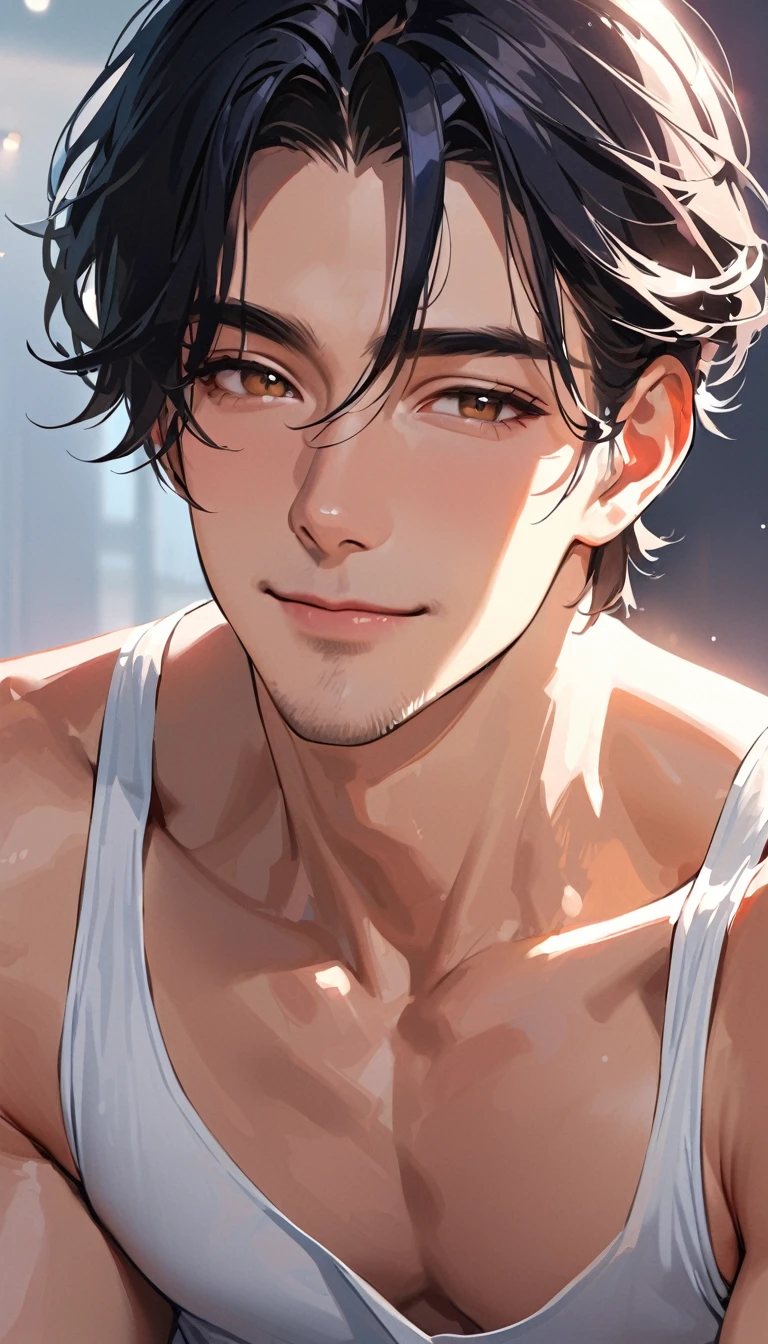 Verism, super detail, best quality, A handsome man, black hair, short hair, light smile, happy