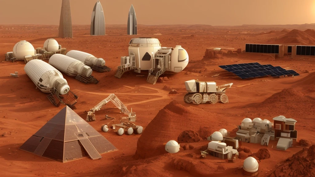 Mars base construction,On the red Martian soil,There are high-rise buildings and ultra-modern houses,There are neatly arranged solar panels harnessing solar energy,There is a huge 3D printer printing a pyramid structure,There are transporters transporting bricks,Realistic,Don't use bells and whistles,The proportion of changes in the original picture is small,4K