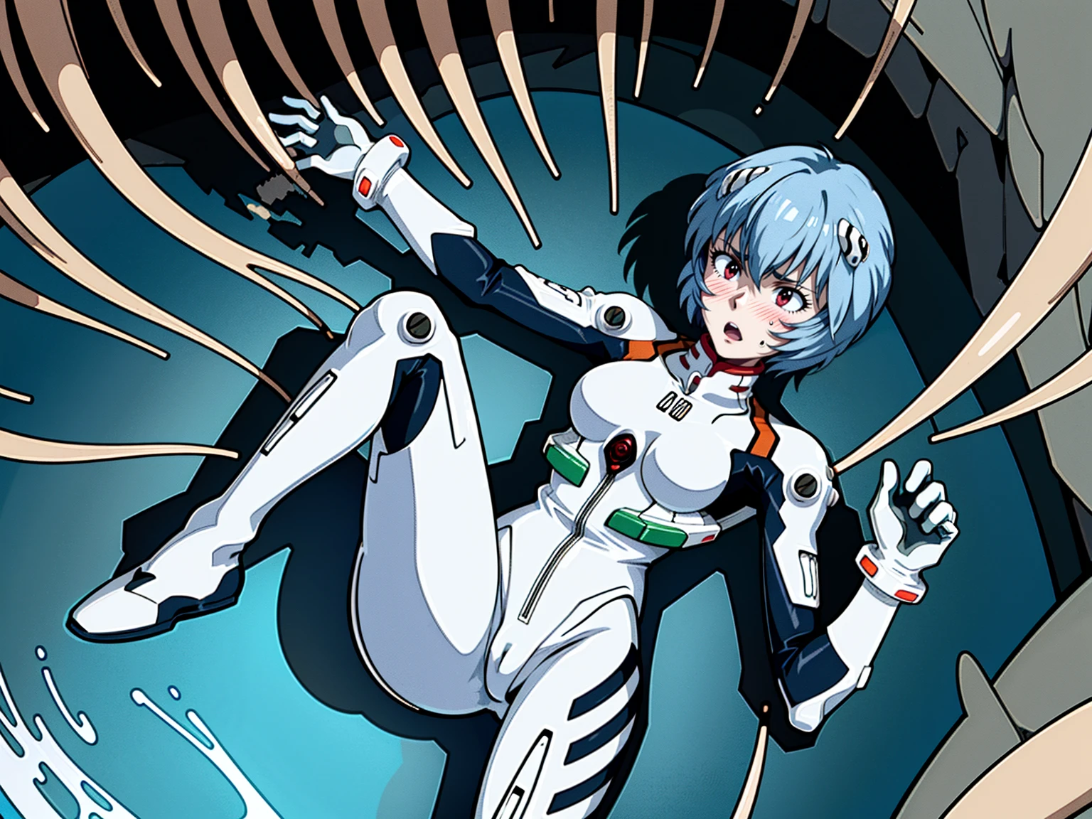 ((Highest quality, 8k wallpaper)),(masterpiece, Highest quality),Very detailed,High resolution,(Official Art:1.3),(((Anime screenshots,Black outline))),One girl,alone, Break mer1,(Rei Ayanami {neon genesis evangelion,}1.2),masterpiece, best quality, outdoor, 1girl, Solo,red eyes,short hair,blue hair, (White plug suit, skintight:1.4), (Covered in sweat, Mass sweat, Sweating profusely:1.5),(wince, surprised, crying shout,vomiting cum, forced orgasm:1.4) , (wading, holding own arm:1.4),(tentacle clothes, tentacle in clothes, tentacle on clothes, Costume and tentacles fused together:1.3), skin tentacles, tentacles pit, straddling on tentacles, covered groin with tentacles, tentacles sex,
