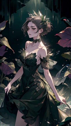 A girl, dark green dress with crystals, walking, detailed face, gloxinia flowers, bushes, haunting, masterpiece, dynamic camera, dark temple, night