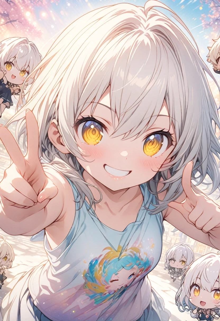 masterpiece, Highest quality, Highly detailed CG Unity 8k wallpaper, chibi, High School Girl Anime Illustration. Wear an oversized tank top、Doing the finger guns pose、she has her eyes closed and mouth open, smile. The background is a light pastel colored landscape., White hair color, Yellow Eyes, 2.5D illustration、Bokeh