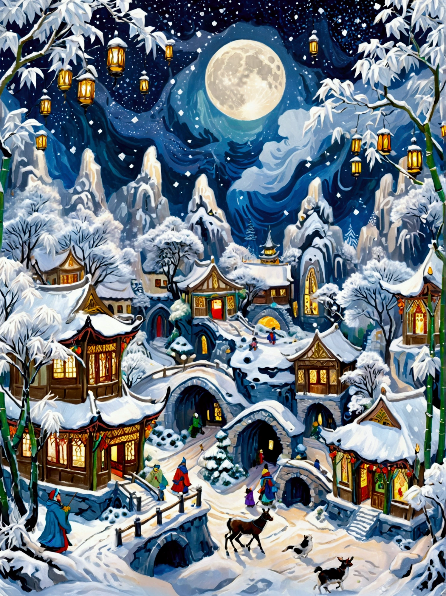 (masterpiece), (Super detailed:1.3), Best quality, (Shiny:1.2), (A winter wonderland village in fantasy and mythology:1.4), (Van Gogh style wonderland architecture：1.5), (The moon is empty), (Fresh，cold，Mountains，White mist，illusory，broad，bamboo forest，Frost Flower，diamond，breeze，Bamboo Leaves，Heaven，lake，ice，Lingzhi，ancient，pavilion，mural，Ride the clouds，sacred，peaceful，peaceful，extraordinary，beauty，peaceful，detail，energy，Pleasure，isolated，Treasure，nature，magic，creativity), Illustration style and decoration，Winter wonderland，Cute design style，night，Snowfield，Full Moon，Vivid colors，(Weird and charming fantasy), Hyperreal Portraits，(Fantasy-themed winter), (A strange wonderland), (Rich多彩，Landscape full of candy), (charming，magic的生物), (One full of energy，Palace surrounded by fog), (White Cloud Road), (Fairyland castle in the distance), (Like a mirror，不对称的masterpiece钟表配件), (Rich，Fantastical colors), (Twinkling Stars), promote，(four dimensional dream), (迷人charming氛围), (Playful composition), (生动的Light and shadow effects), 1.4 times more realistic，超High Definition，展现在这个beauty的场景中，(Very detailed，Reasonable design，Clear lines，High Definition，masterpiece，Official Art，Light and shadow effects，8k)