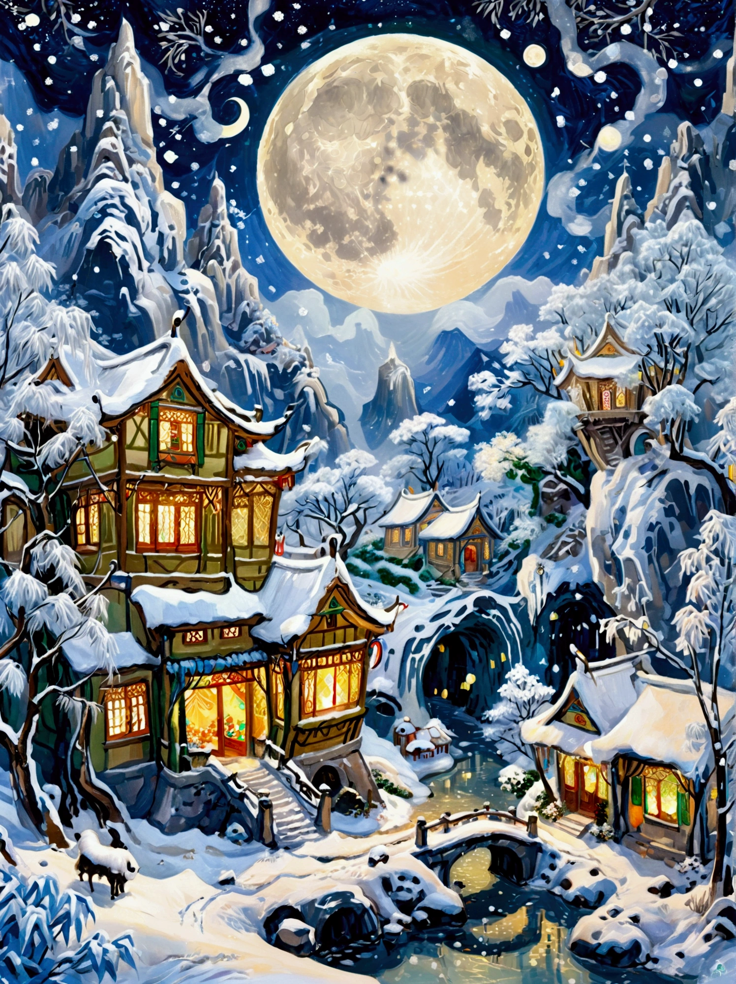 (masterpiece), (Super detailed:1.3), Best quality, (Shiny:1.2), (A winter wonderland village in fantasy and mythology:1.4), (Van Gogh style wonderland architecture：1.5), (The moon is empty), (Fresh，cold，Mountains，White mist，illusory，broad，bamboo forest，Frost Flower，diamond，breeze，Bamboo Leaves，Heaven，lake，ice，Lingzhi，ancient，pavilion，mural，Ride the clouds，sacred，peaceful，peaceful，extraordinary，beauty，peaceful，detail，energy，Pleasure，isolated，Treasure，nature，magic，creativity), Illustration style and decoration，Winter wonderland，Cute design style，night，Snowfield，Full Moon，Vivid colors，(Weird and charming fantasy), Hyperreal Portraits，(Fantasy-themed winter), (A strange wonderland), (Rich多彩，Landscape full of candy), (charming，magic的生物), (One full of energy，Palace surrounded by fog), (White Cloud Road), (Fairyland castle in the distance), (Like a mirror，不对称的masterpiece钟表配件), (Rich，Fantastical colors), (Twinkling Stars), promote，(four dimensional dream), (迷人charming氛围), (Playful composition), (生动的Light and shadow effects), 1.4 times more realistic，超High Definition，展现在这个beauty的场景中，(Very detailed，Reasonable design，Clear lines，High Definition，masterpiece，Official Art，Light and shadow effects，8k)