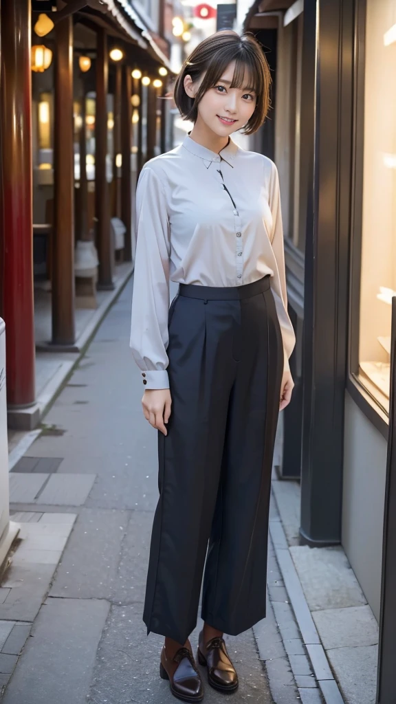 One girl, wearing blouse, wide pants, wide pants, short hair, 20-year-old Japanese, beautiful, cute face, pretty face, neat, smiling, 8-head body, height 165cm, weight 48kg, bust 83cm, waist 60cm, hips 82cm, Small breathts, Living in Hiroshima City, A college student aspiring to become a model, (((full body))), full face