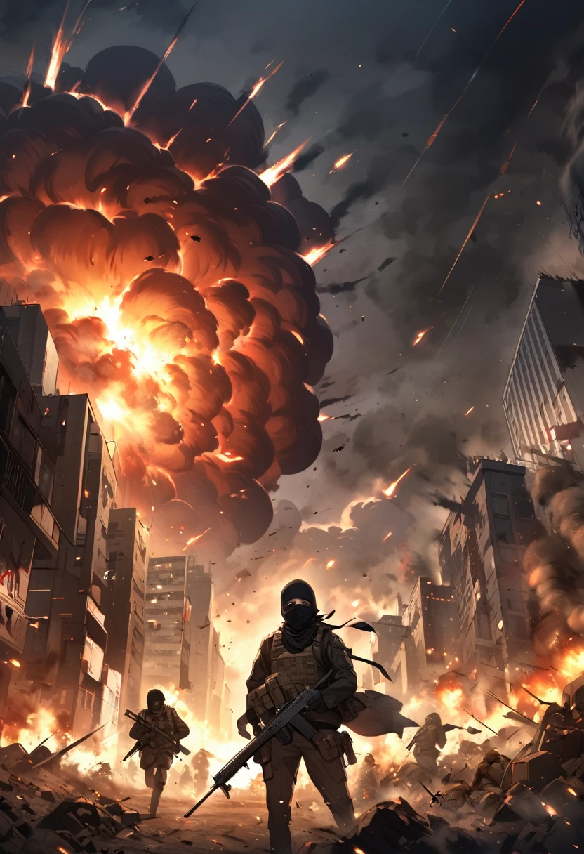  Terrorists, black tied balaclava, black clothes, war, city, night, blood, sandstorm, chaos, nuclear explosion, dark atmosphere 
