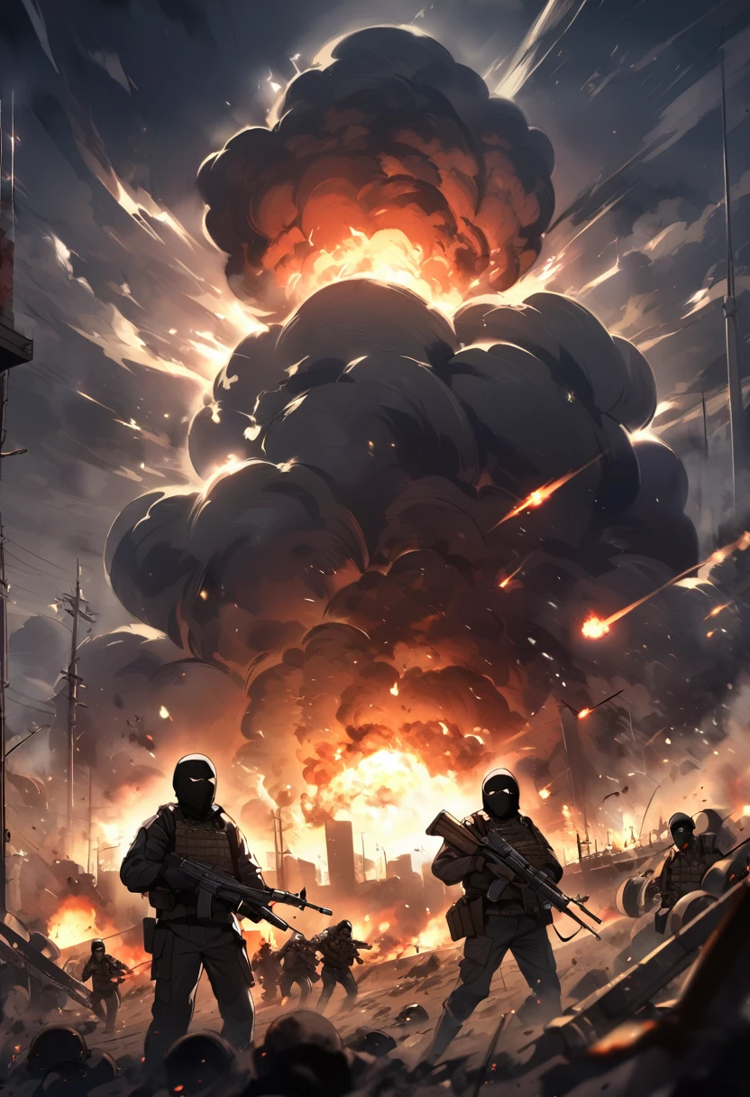  Terrorists, black tied balaclava, black clothes, war, city, night, blood, sandstorm, chaos, nuclear explosion, dark atmosphere 