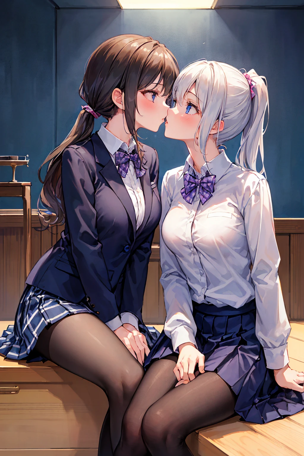 ((Highest quality)), ((masterpiece)), (detailed), Perfect Face, Beautiful Face, Highest quality, ultra expensive resnatural light, Glowing Skin, detailed skin, detailed face, detailed eyes, (2 girls), ((Two girls staring at each other)), Deep Kiss，A girl with black straight hair and a girl with a pink ponytail, Japanese expensive school girl, expensive , Blazer and checkered skirt，Small breasts，((Highest quality)), (非常にdetailedな), (High-definition CG synthesis 8K wallpaper), expensively detailed,  expensive-definition raw colbor photos, Professional photography,  Written boundary depth,Deep Kiss，Kiss between girls，
