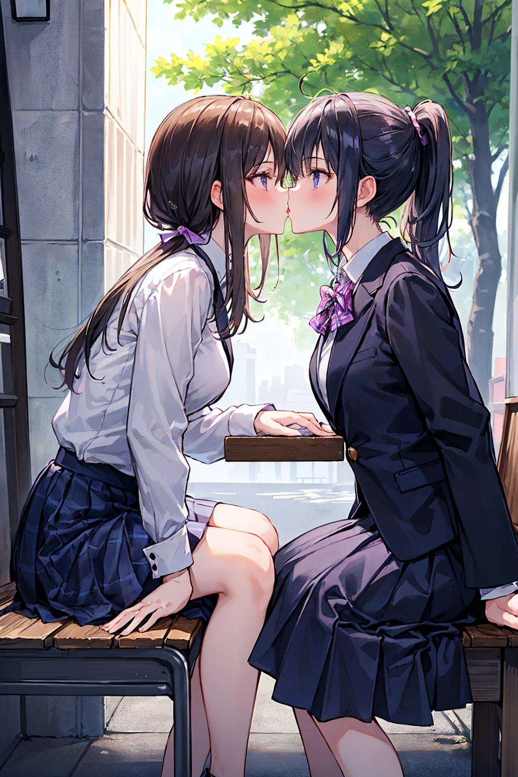 ((Highest quality)), ((masterpiece)), (detailed), Perfect Face, Beautiful Face, Highest quality, ultra expensive resnatural light, Glowing Skin, detailed skin, detailed face, detailed eyes, (2 girls), ((Two girls staring at each other)), Deep Kiss,A girl with black straight hair and a girl with a pink ponytail, Japanese expensive school girl, expensive , Blazer and checkered skirt,Small breasts,((Highest quality)), (非常にdetailedな), (High-definition CG synthesis 8K wallpaper), expensively detailed, expensive-definition raw colbor photos, Professional photography, Written boundary depth,Deep Kiss,Kiss between girls,