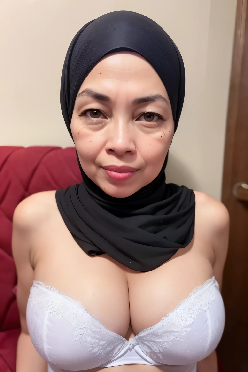 (((Snowcapped))), (((HIJAB Stylish))), ((UHD 48K)), ((DETAILED FACE SKIN)), Sexy Lingerie ((SLEEPING BEAUTY)), ((EYES WIDE )), ((OPEN BIG HUGE EYES)), Very Thin body ((Colourful Strapless)), masutepiece, High quality, UHD 32K, Realistic face, Realistic skin feeling , A Malay Lady, 60 years old. ((Face old  like Matured Mommy)), ((SHINY HUGE BREASTS))