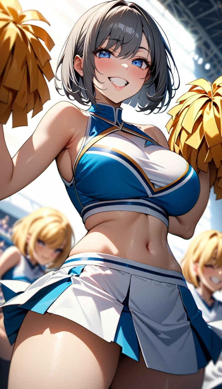 (masterpiece:1.3), (8k、highest quality:1.4), (Best image quality, Intricate details, High resolution, Depth Field, Natural light, Professional Lighting), (1 girl), (alone), (Asian Girl, Very beautiful 18 year old manga girl), (Very beautiful woman、A charming beautiful woman, Beautiful silver bobcut, Intense blue eye, Strong eye highlights, Very large breasts, Perfect Anatomy, Dynamic Lighting, Lip gloss), A beautiful face with perfect symmetry, Beautiful detailed woman, Very beautiful detailed face, Very beautiful detailed eye, Smile at the audience, Smiling very happily, Beautiful Teeth, Beautiful Teeth alignment, Very detailed, Very detailed, Beautiful Teeth, Beautiful Teeth alignment, Very detailed, Very detailed, ((Detailed cheerleader:1.2)), The light shines on your face, ((Dynamic pose)), Bobcut, Crossed bangs, Asymmetrical bangs, Long neck, Show me your ears, Vanish'eye, eyelash, cute, Very large breasts、Very beautiful and big, very beautiful breast shape, Beautiful cleavage, Tall Supermodels, Long-legged supermodel, Supermodel dressed as a cheerleader, Strike a Pose, Dressed as a cheerleader, Woman close up, To the camera, Laughter, (Cheerleader Outfits), ((head band, Sleeveless shirt with open chest, flare skirt, mini skirt)), A young and slender gravure idol, Young Gravure Idol, Young Gravure Idol, Stadium background in the daytime
