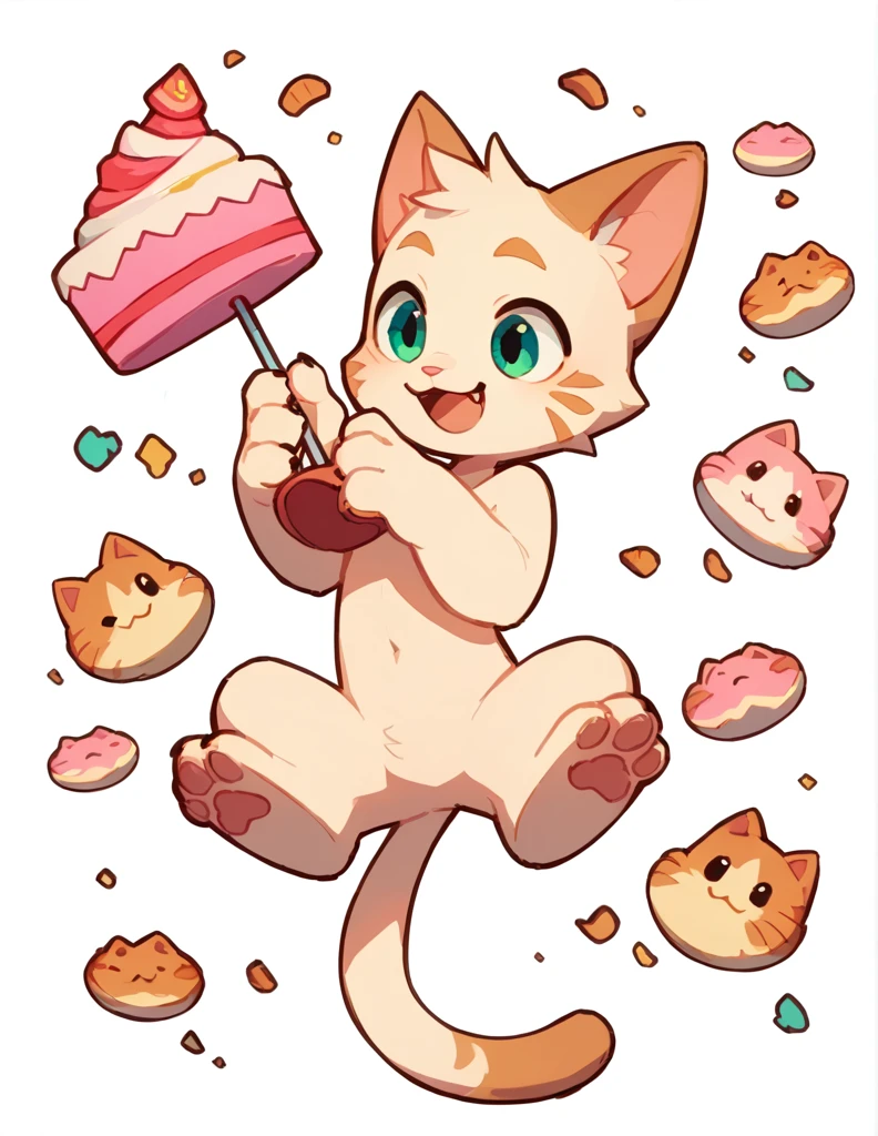 The Q version of the cute furry cat, holding a birthday cake, cute smile, happy, cute, male cat, paws, beans, naked, nude, white background
