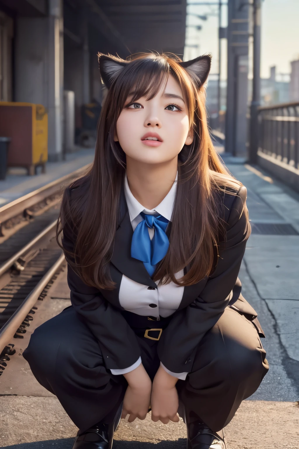 One girl, High resolution, Long Hair, Gaze, Blushing, Open your mouth, Cat ear, High resolution, masterpiece, Anatomically correct, Highest quality, Winner of numerous awards, Plump breasts, (look up:1.3), Artistic, uniform, squat,railroad,