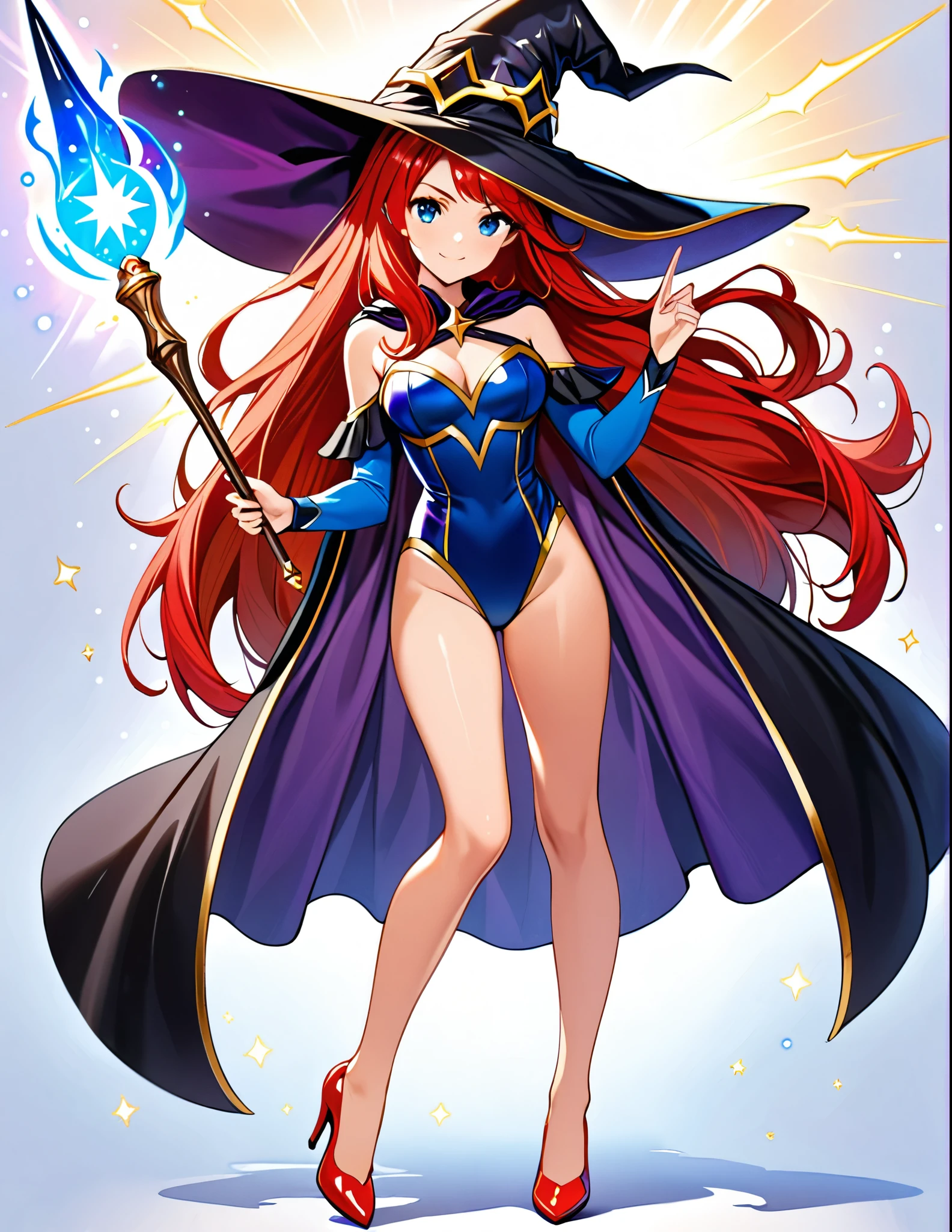 1girl, superhero, holding wand, witch academia, superhero sorceress witch, glamorous angewoman digimon, sky witch, by Aguri Uchida, maya ali as a lightning mage, leotard, blue leotard with white accent, bare legs, blue thigh-highs, red high heels, witch hat, red hair, long hair, blue eyes, beautiful detailed eyes, beautiful detailed face, cute face, medium breasts, age 16-18, solo, solo focus, wonder