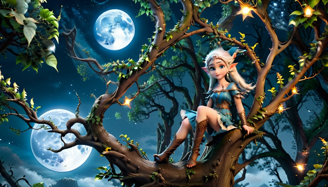 A stunning 3D scene,A Kalda elf sat on a branch of a big tree and made a stage play-like movement towards the moon in the sky.。The atmosphere is mysterious and magical,Beautiful light,The moon shines blue and illuminates everywhere。