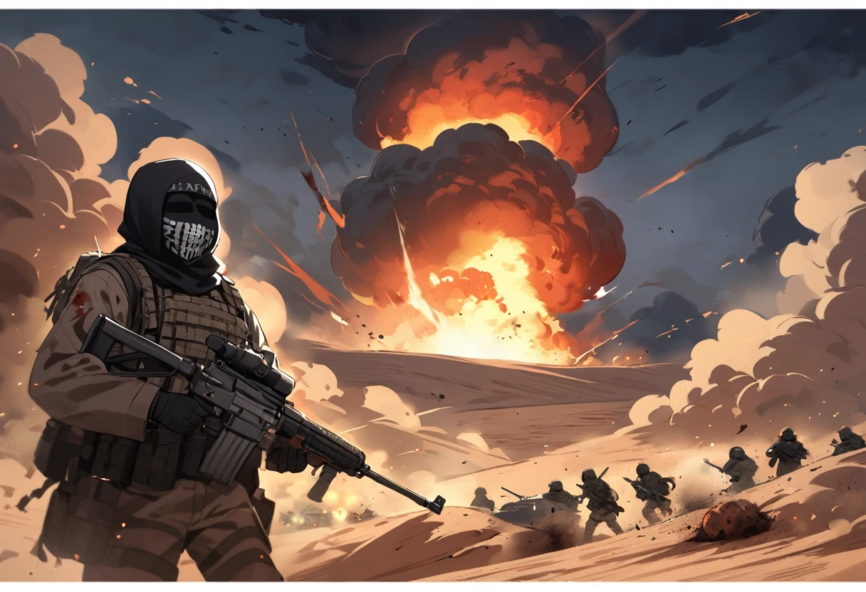 Terrorists, black balaclava, black clothes, war, desert, night, blood, sandstorm, chaos, nuclear explosion