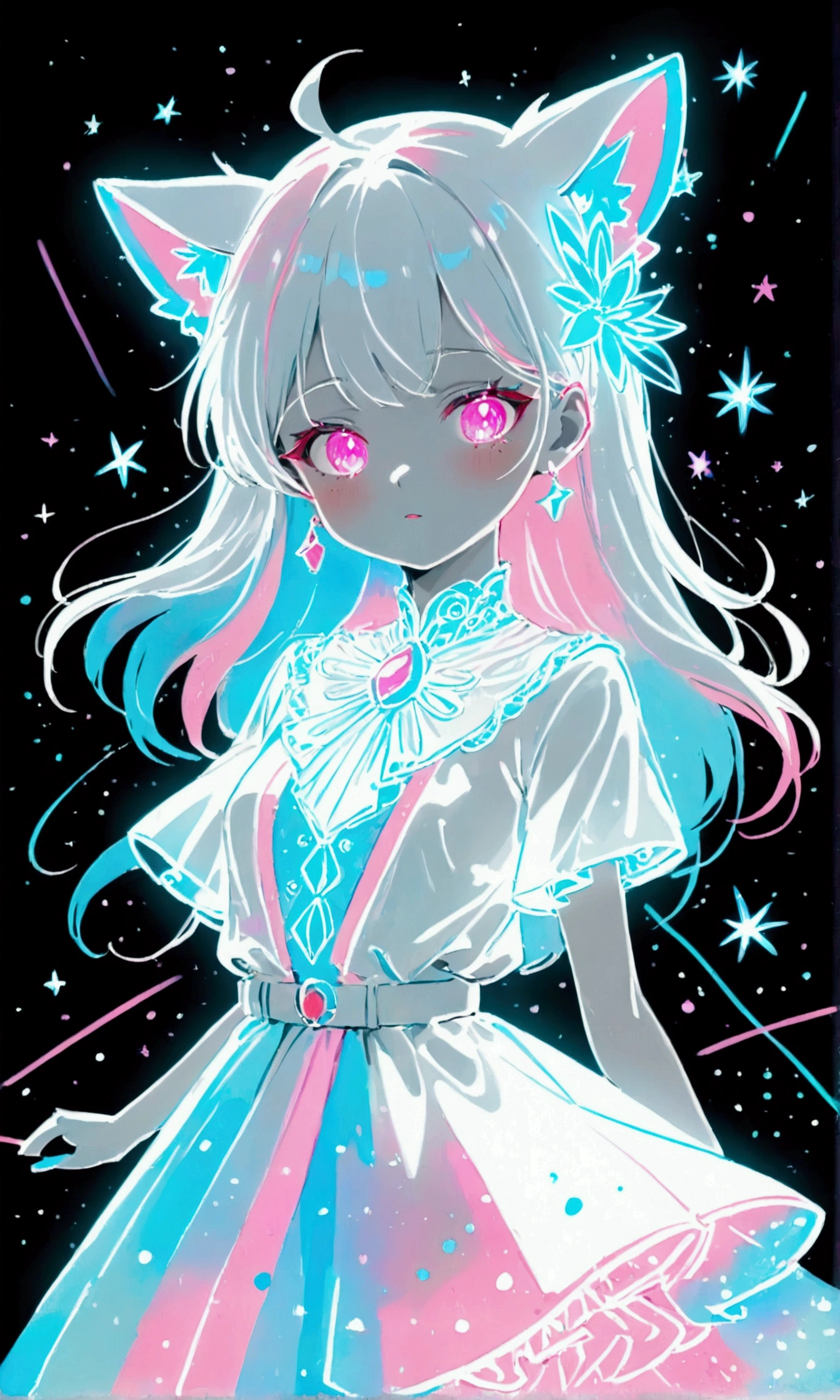 Light blue, pink and white watercolor,Rough fashion girl,(((Line art in glowing white neon))),Pale color background,Sparkling,flash,pastel colour,ネオンflash,Zentangle Elements,Absurd
