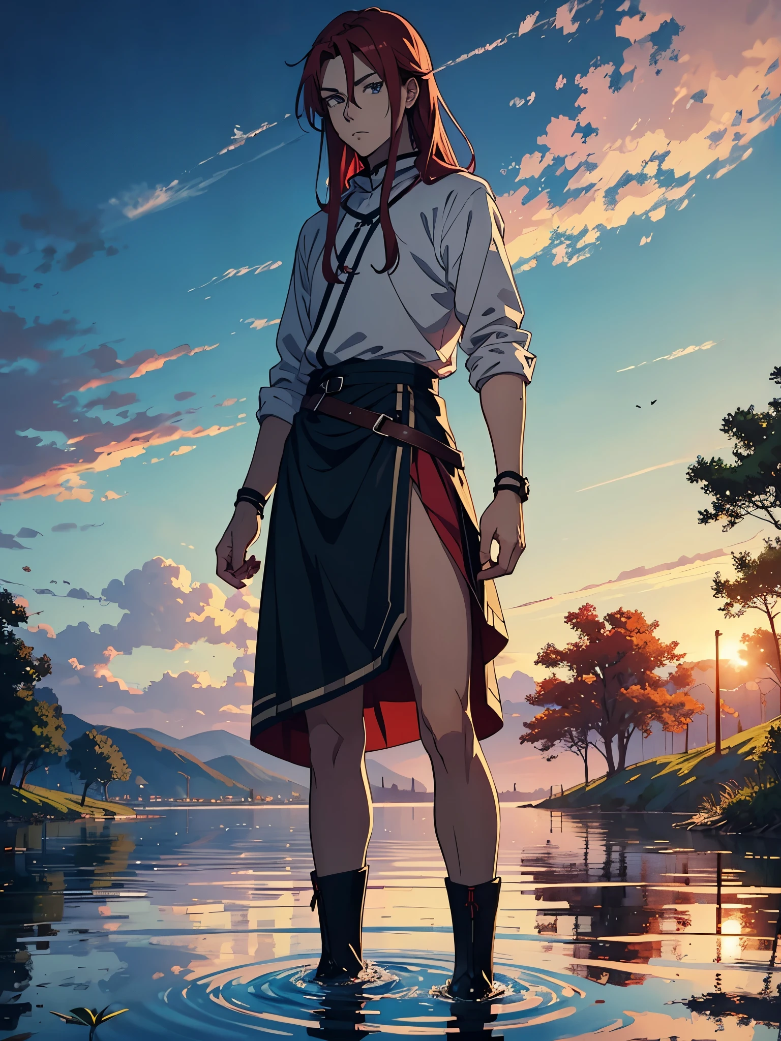 Bondage. Strapsen. Boy. Shorter skirt. More anime style. blue flames. 2d. flatter. anime style. Viking clothing. soft. More anime. Standing in a lake. More anime. More 2d. Clean. More anime. 2d. Glow. Red hair. More anime. male. Long hair. long red hair. boy, vikings. red hair. Blue eyes. fire.