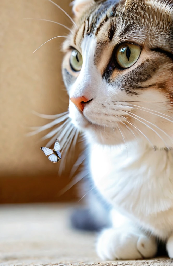 A curious cat gazes upwards, ((with a small butterfly perched delicately on the tip of its nose. The cat’s surroundings are softly blurred)), allowing the feline and its unexpected visitor to take center stage. The cat’s expression is one of gentle wonder, as it focuses its attention on the butterfly resting upon its nose,((アクアマリンの瞳))