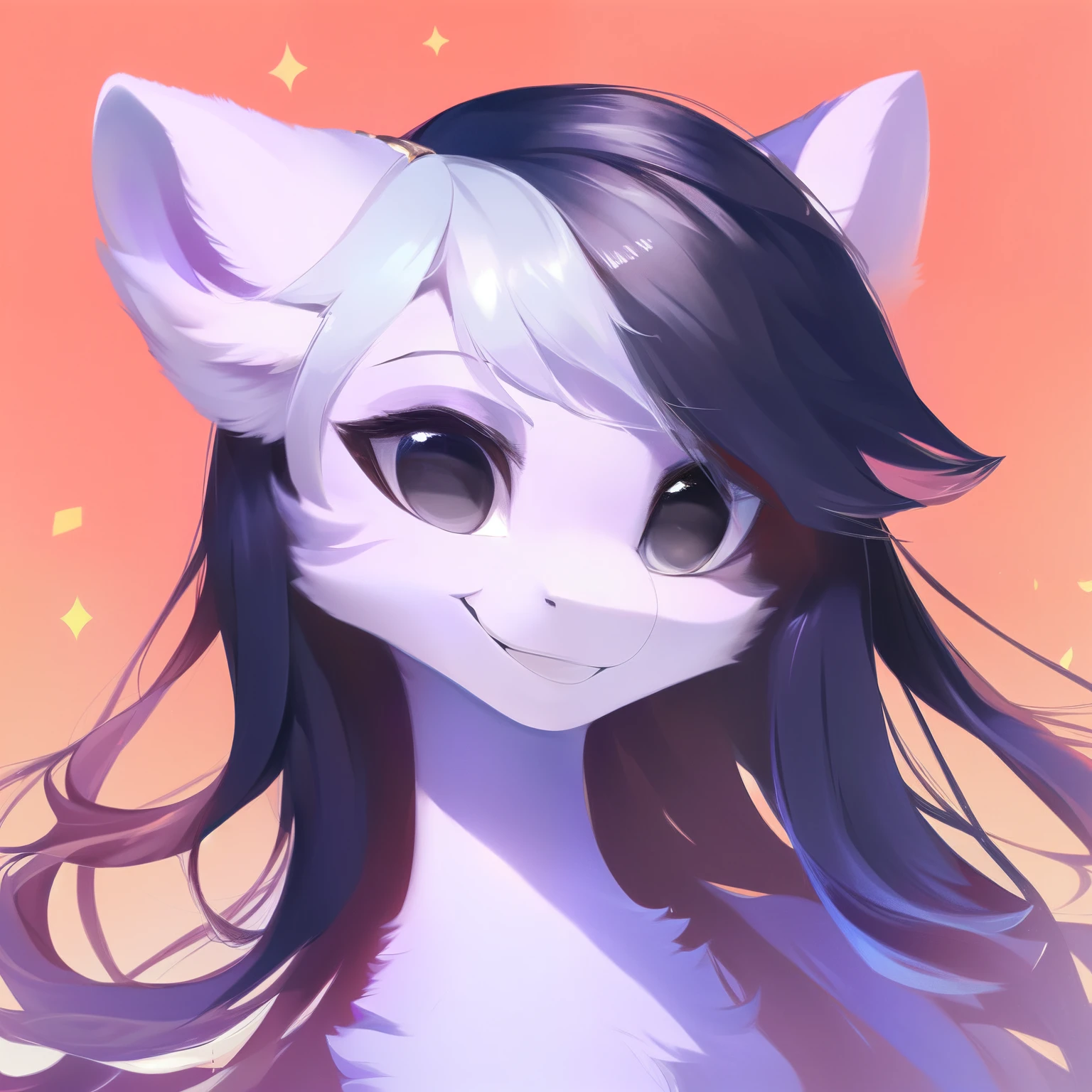 rating_safe, score_9, fluffy, feral pegasus pony, female,Purple body， black-purple mane，Wearing hair，Soft and fine long hair，清澈高傲带有几分温柔的Gray Eyes，Gray Eyes，Smile。bust，Elegant and noble。young，Delicate
