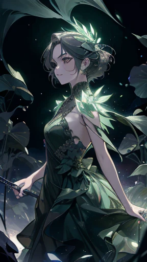 A girl, dark green dress with bioluminescent crystals, walking, detailed face, gloxinia flowers, bushes, haunting, masterpiece, dynamic camera, dark temple, night