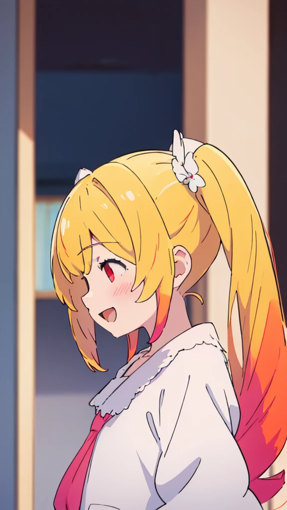((masterpiece))((Highest quality))girl、Laughing with your mouth open、blush、Flat Chest、Are thin、Blonde Hair、blush、Are standing、Whole body image、No background、Hair is two colors、Twin tails、Red Eyes、Two-tone red and yellow hair、Angle from the side、profile