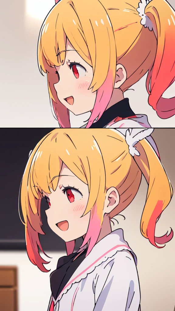((masterpiece))((Highest quality))girl、Laughing with your mouth open、blush、Flat Chest、Are thin、Blonde Hair、blush、Are standing、Whole body image、No background、Hair is two colors、Twin tails、Red Eyes、Two-tone red and yellow hair、Angle from the side、profile