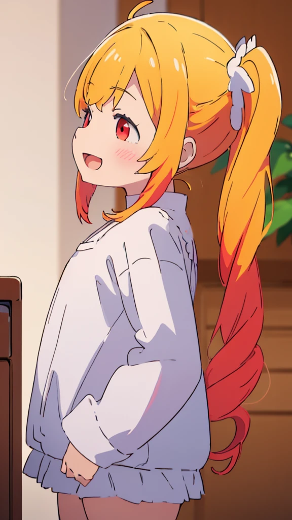 ((masterpiece))((Highest quality))girl、Laughing with your mouth open、blush、Flat Chest、Are thin、Blonde Hair、blush、Are standing、Whole body image、No background、Hair is two colors、Twin tails、Red Eyes、Two-tone red and yellow hair、Angle from the side、profile