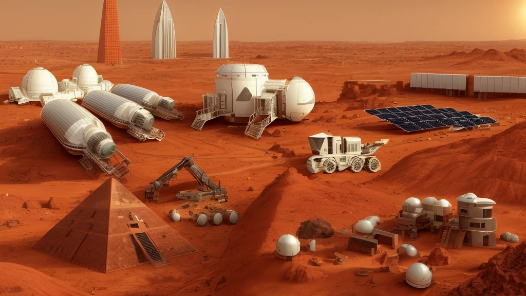 Mars base construction,On the red Martian soil,There are high-rise buildings and ultra-modern houses,There are neatly arranged solar panels harnessing solar energy,There is a huge 3D printer printing a pyramid structure,There are transporters transporting bricks,Realistic,Don't use bells and whistles,The proportion of changes in the original picture is small,4K