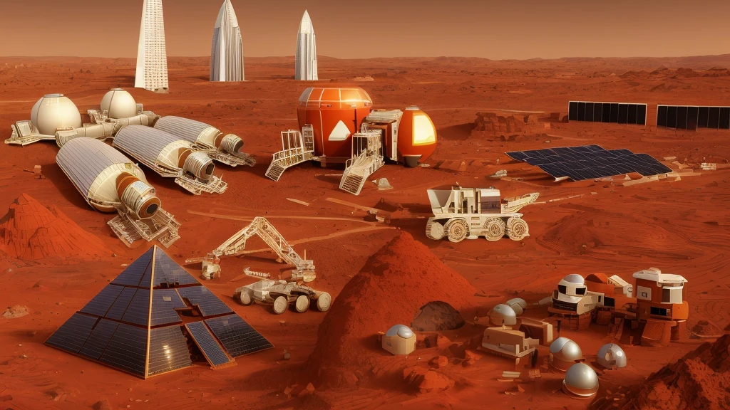 Mars base construction,On the red Martian soil,There are high-rise buildings and ultra-modern houses,There are neatly arranged solar panels harnessing solar energy,There is a huge 3D printer printing a pyramid structure,There are transporters transporting bricks,Realistic,Don't use bells and whistles,The proportion of changes in the original picture is small,4K