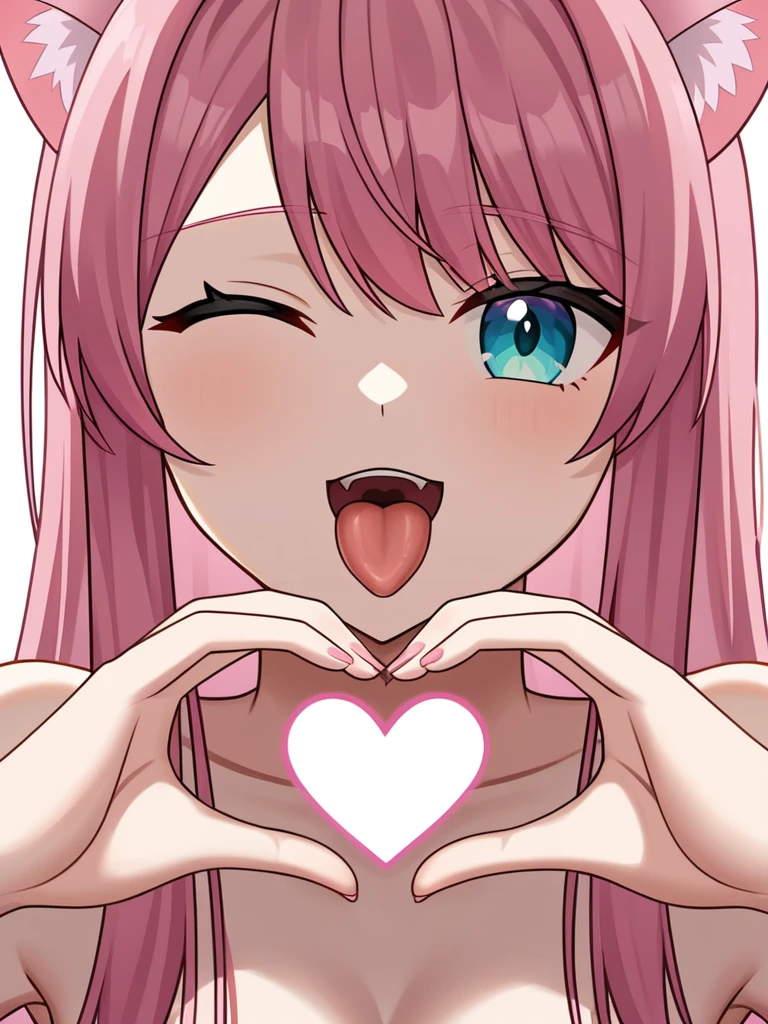 Adult, Female, long pink hair, winking, tongue out, heart hands, vtuber, otaku bedroom, Masterpiece, Accurate, Anatomically Correct, Best Quality, High Details, Detail, Super Detailed, Best detail, Perfect detail, Amazing detail, [-3, 3], perfect hands, best hands, best fingers, perfect fingers, perfect body, best body, amazing body, Looking at viewer, front facing, upper body shot, Cat Ears, Close-Up, 