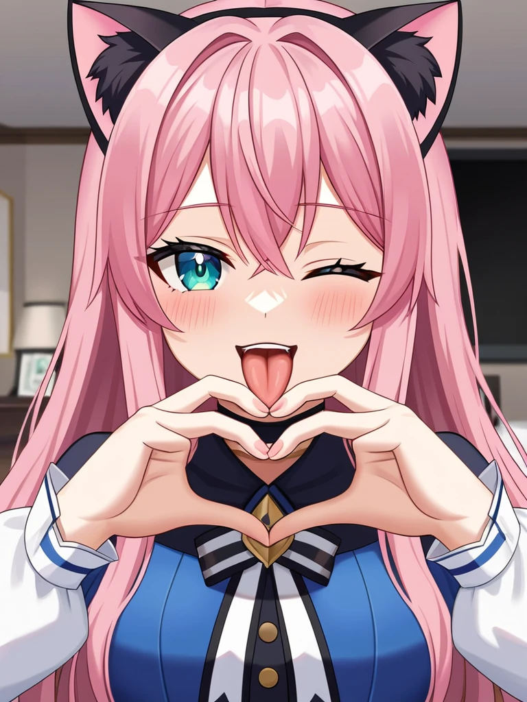 Adult, Female, long pink hair, winking, tongue out, heart hands, vtuber, otaku bedroom, Masterpiece, Accurate, Anatomically Correct, Best Quality, High Details, Detail, Super Detailed, Best detail, Perfect detail, Amazing detail, [-3, 3], perfect hands, best hands, best fingers, perfect fingers, perfect body, best body, amazing body, Looking at viewer, front facing, upper body shot, Cat Ears, Close-Up, 