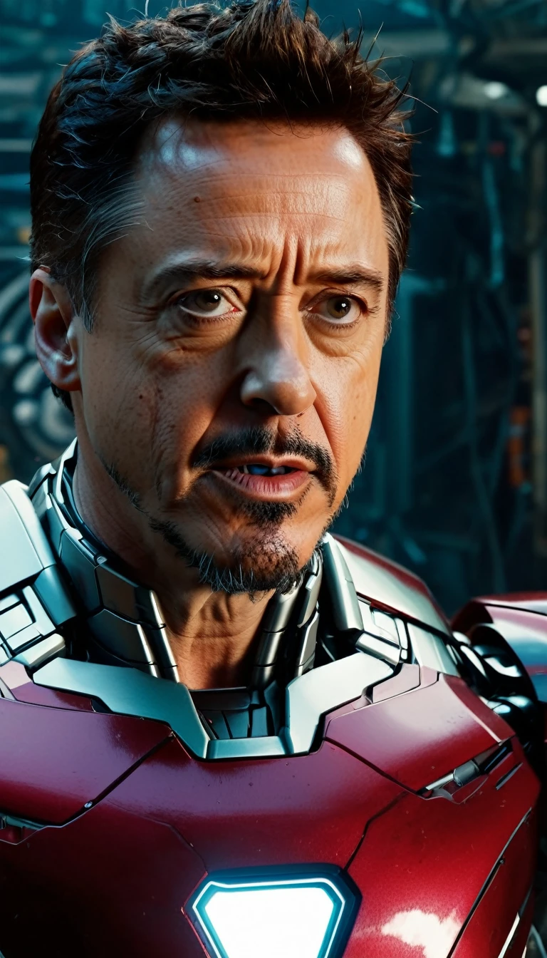 Marvel - Tony Stark, close-ups, robot and machine background, great battle to save the world, masterpiece, 8K, realitic